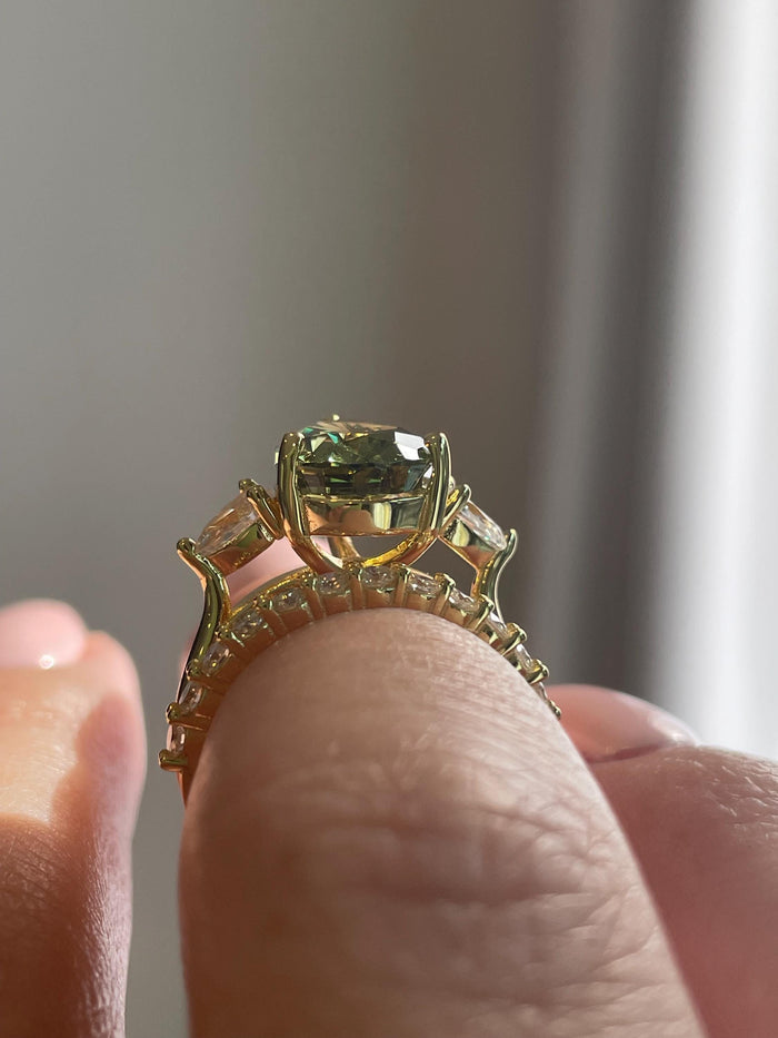 Three Stone Engagement Ring bridal set with Pear Shaped Crushed Ice Olive Green Simulated Diamond & Moissanite Band