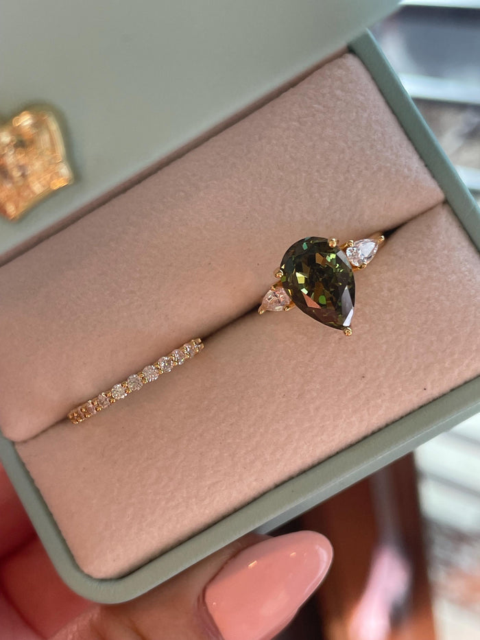 Three Stone Engagement Ring bridal set with Pear Shaped Crushed Ice Olive Green Simulated Diamond & Moissanite Band