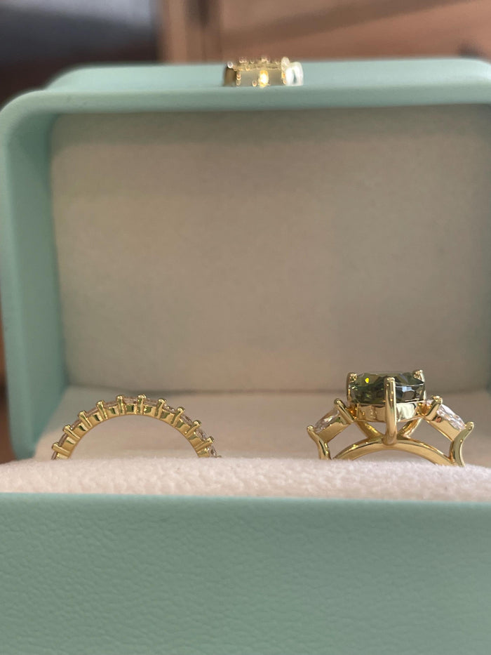Three Stone Engagement Ring bridal set with Pear Shaped Crushed Ice Olive Green Simulated Diamond & Moissanite Band