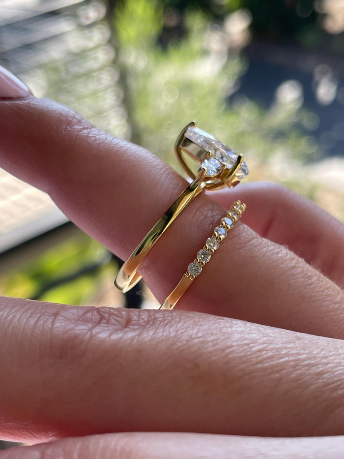 Three Stone Engagement Ring bridal set with Pear Shaped Crushed Ice Simulated Diamond & Moissanite Band, tear drop proposal engagement ring