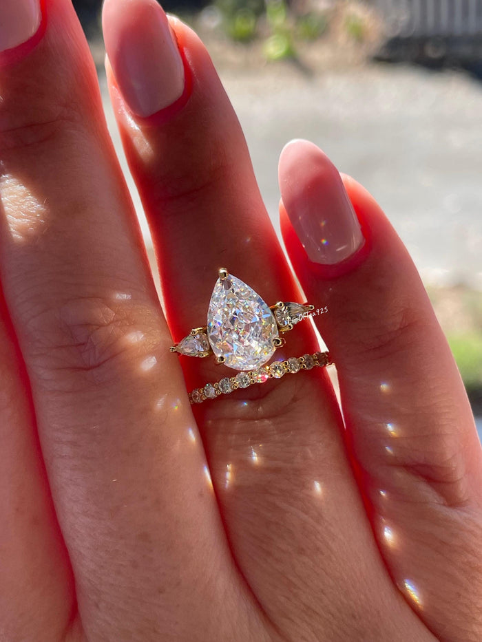 Three Stone Engagement Ring bridal set with Pear Shaped Crushed Ice Simulated Diamond & Moissanite Band, tear drop proposal engagement ring