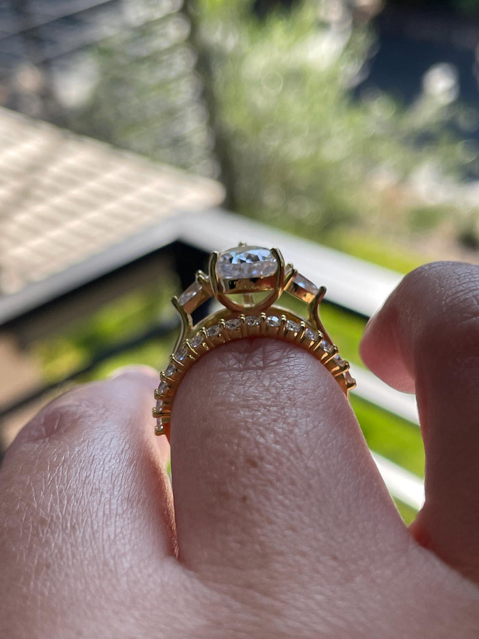 Three Stone Engagement Ring bridal set with Pear Shaped Crushed Ice Simulated Diamond & Moissanite Band, tear drop proposal engagement ring