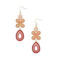 Coral and pink beaded drop earrings with flower top and teardrop crystal charm