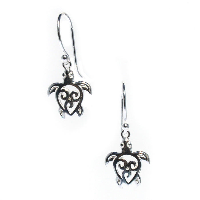 A pair of sterling silver earrings in the shape of a turtle.