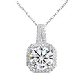 Cubic zirconia halo pendant necklace with cushion-shaped center stone, silver-tone chain.