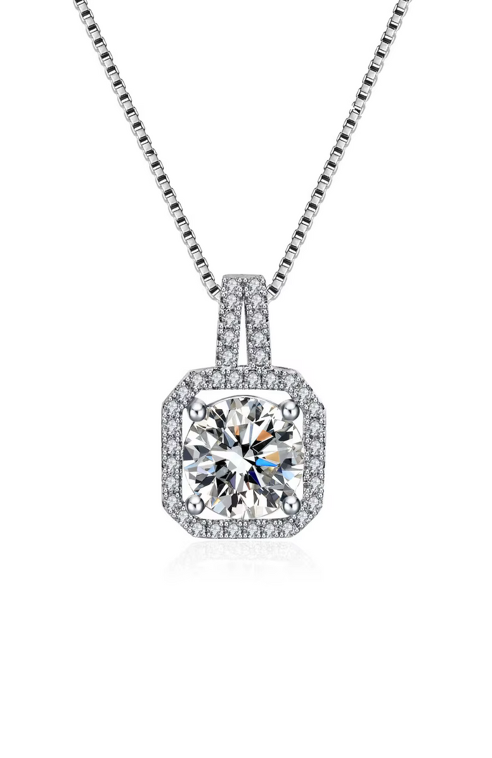 Square cushion halo cubic zirconia pendant necklace with prong-set center stone, silver-tone.
