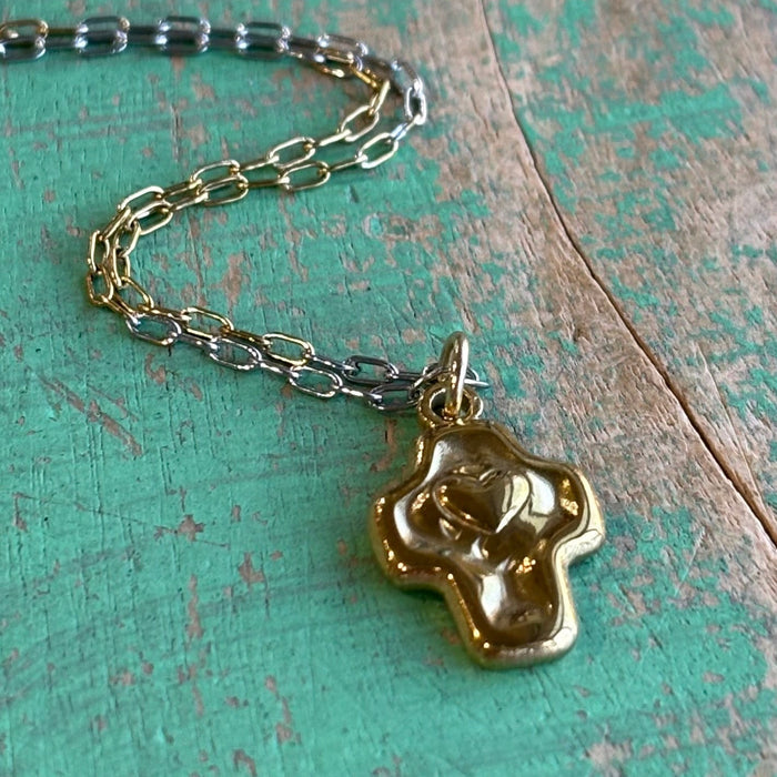 Two Tone Heart Cross Stainless Steel Necklace