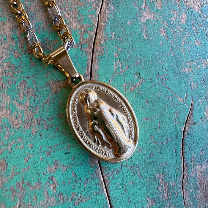 Two Tone Miraculous Medal Chain Necklace