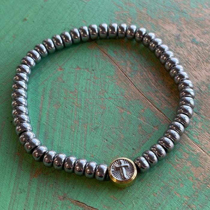 Two Tone Round Cross Hematite Bracelet