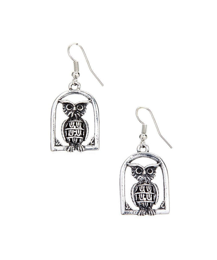 Silver-tone owl drop dangle earrings with small arched pendant and hook backs.