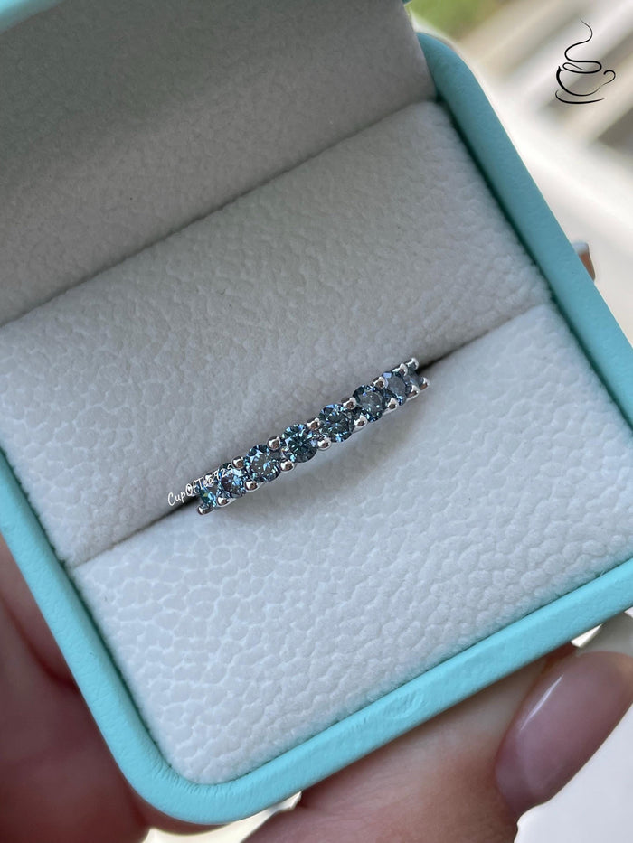 Vivid Blue Moissanite Ring Sterling Silver 925 Half Eternity Band