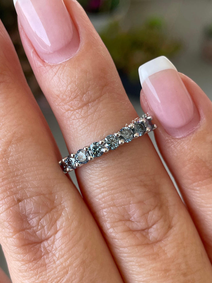 Vivid Blue Moissanite Ring Sterling Silver 925 Half Eternity Band