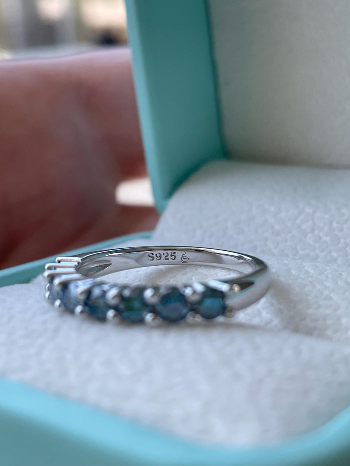 Vivid Blue Moissanite Ring Sterling Silver 925 Half Eternity Band