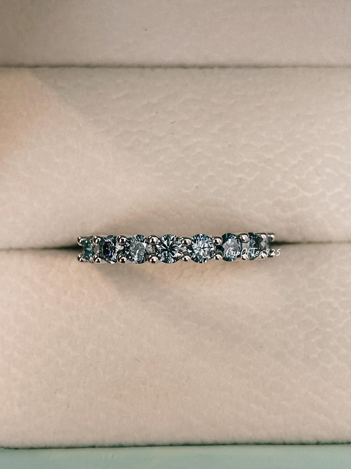 Vivid Blue Moissanite Ring Sterling Silver 925 Half Eternity Band