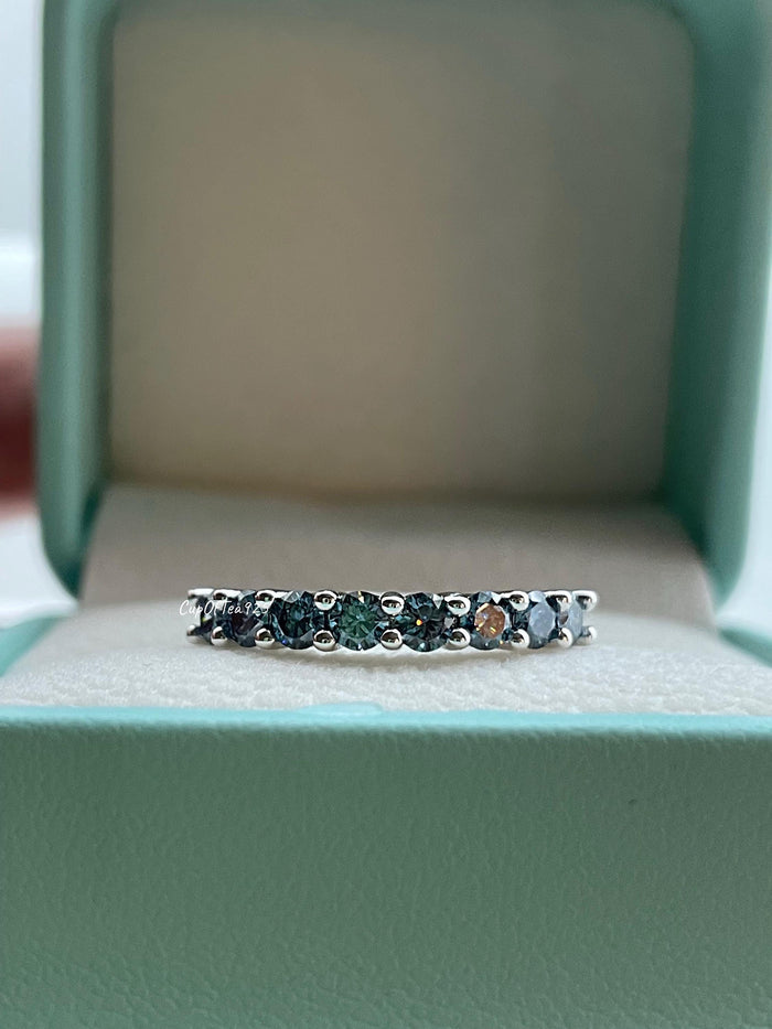 Vivid Blue Moissanite Ring Sterling Silver 925 Half Eternity Band