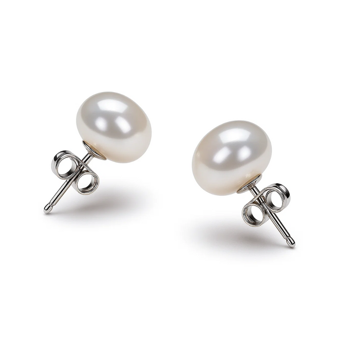 White freshwater pearl stud earrings, 6–7mm, round pearls with stud backs.