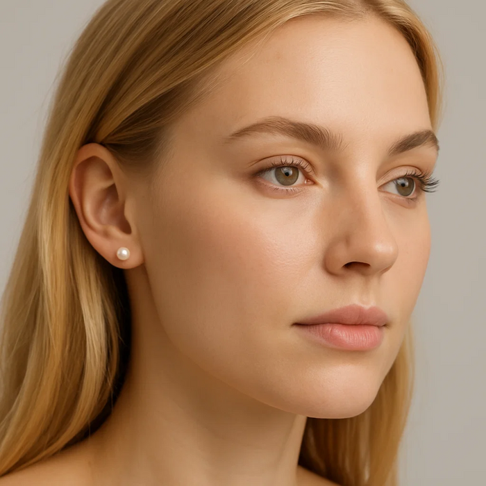 White pearl stud earrings on model, 6–7mm round pearls with metal backs.