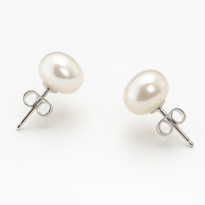 Freshwater pearl stud earrings, 6–7mm, metal post and locking stud back.