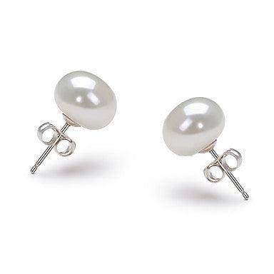 Pair of white freshwater pearl stud earrings, 6–7mm, with silver posts and backs.