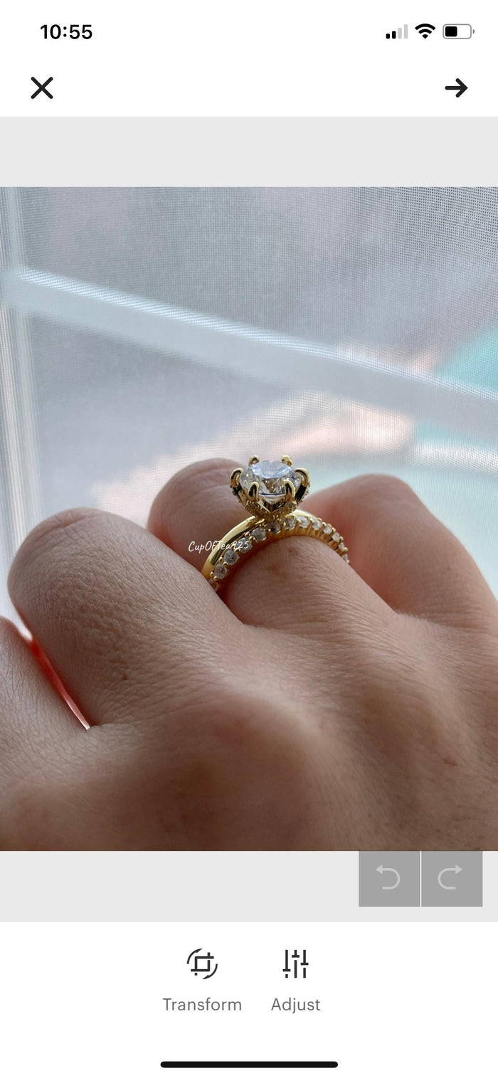 Yellow Gold over Sterling Silver 925 Bridal Set with 2CT Round Brilliant Cut engagement ring and half eternity band.