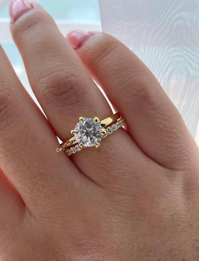 Yellow Gold over Sterling Silver 925 Bridal Set with 2CT Round Brilliant Cut engagement ring and half eternity band.