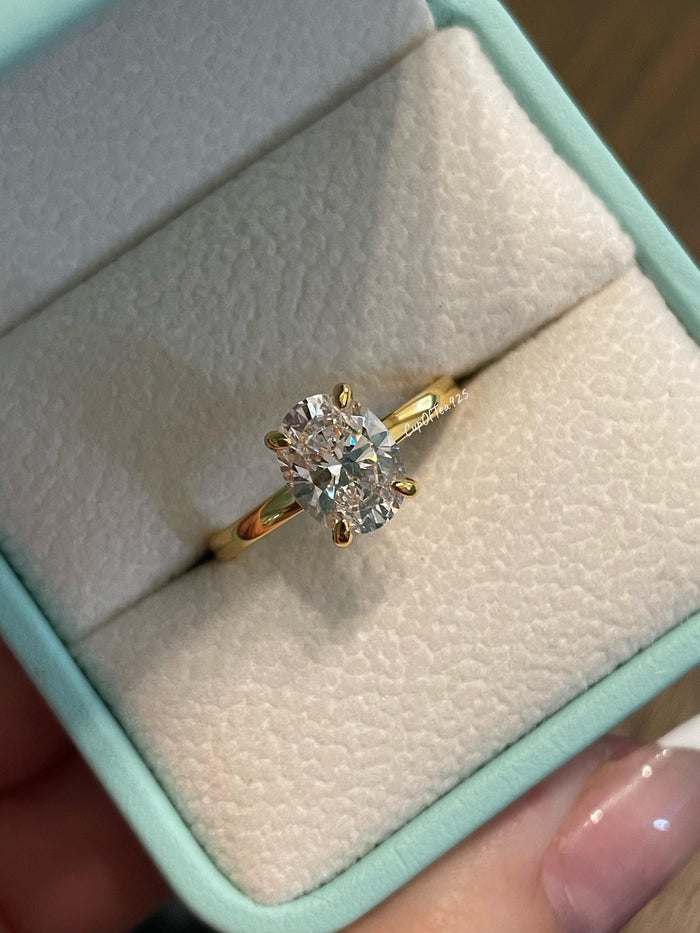Yellow gold over Sterling Silver 925 , Gold Vermeil Engagement Ring with 2CT oval cut simulated diamond and hidden halo