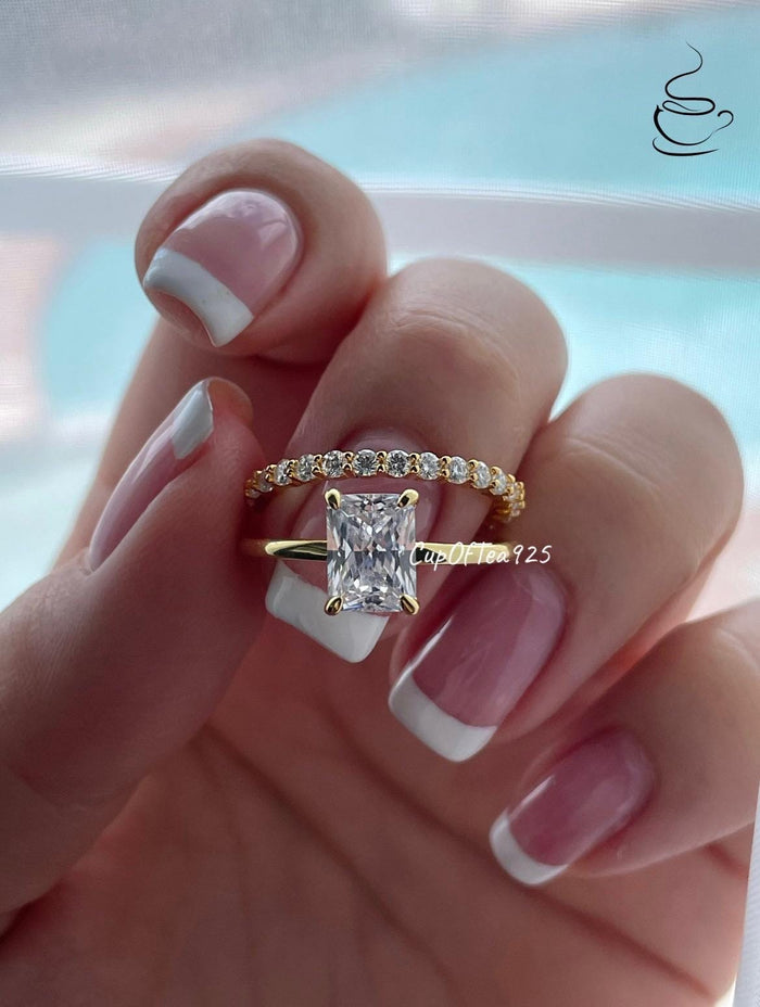 Yellow Gold over Sterling Silver Bridal Set , 2CT Radiant Cut CZ & Half Eternity Band