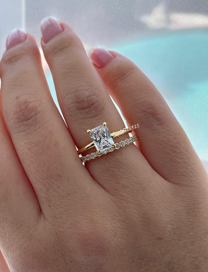 Yellow Gold over Sterling Silver Bridal Set , 2CT Radiant Cut CZ & Half Eternity Band