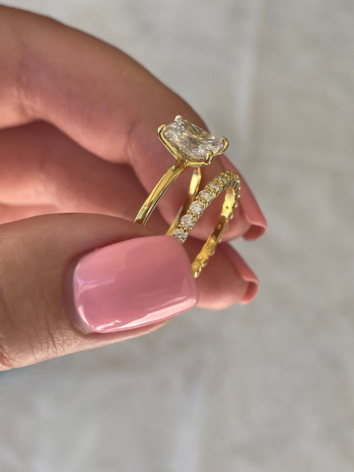 Yellow Gold over Sterling Silver Bridal Set , 2CT Radiant Cut CZ & Half Eternity Band