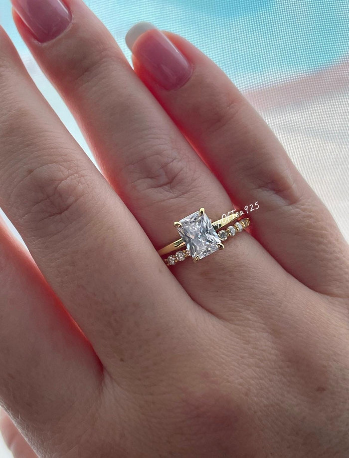 Yellow Gold over Sterling Silver Bridal Set , 2CT Radiant Cut CZ & Half Eternity Band