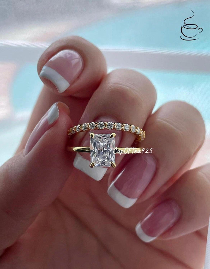 Yellow Gold over Sterling Silver Bridal Set , 2CT Radiant Cut CZ & Half Eternity Band