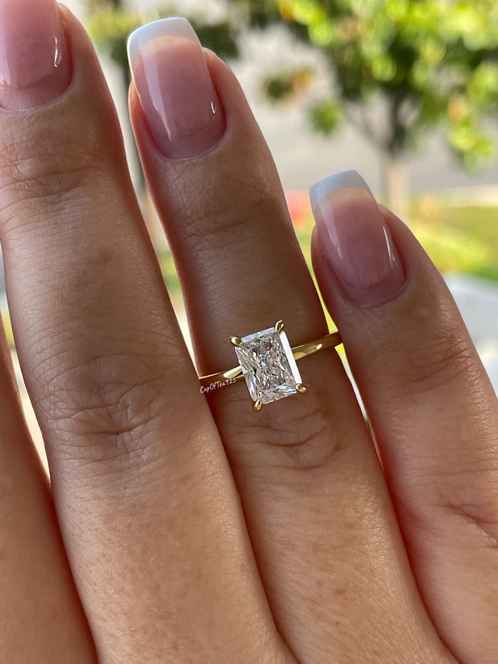 Yellow Gold Radiant Cut Solitaire Ring: 2CT Simulated Diamond