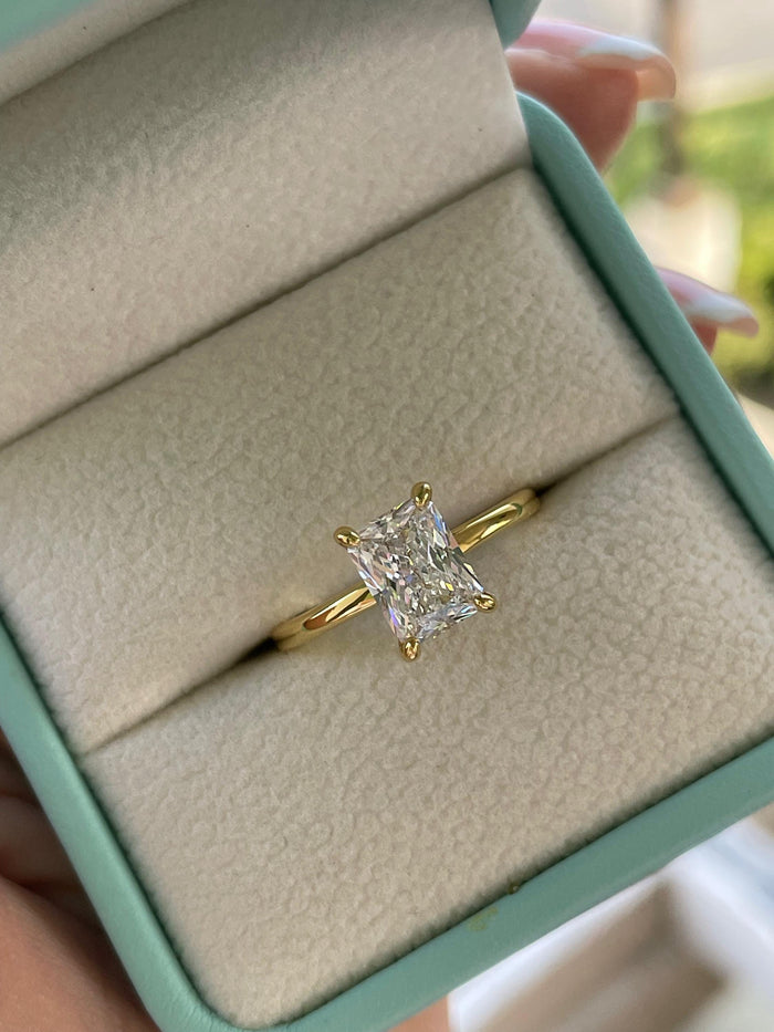 Yellow Gold Radiant Cut Solitaire Ring: 2CT Simulated Diamond