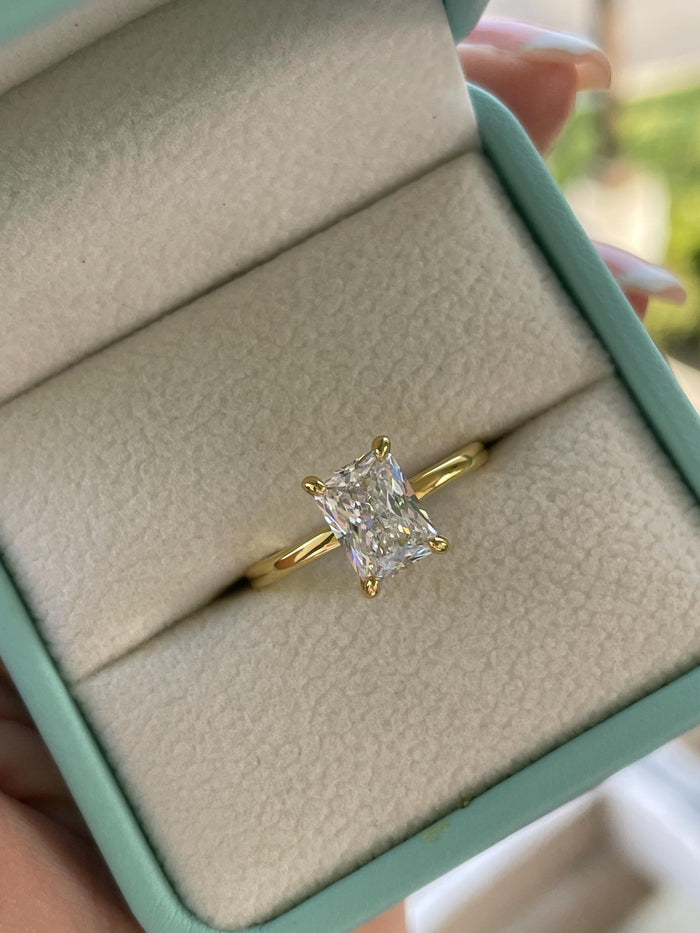 Yellow Gold Radiant Cut Solitaire Ring: 2CT Simulated Diamond