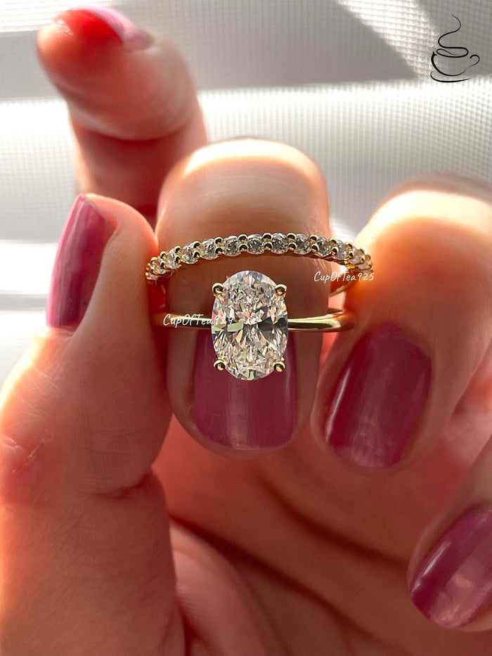 Yellow gold, Rose gold over sterling silver, sterling silver 925 bridal set with 3.5CT, 2.5CT oval cut solitaire and half eternity band
