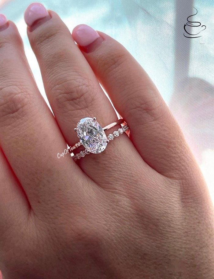 Yellow gold, Rose gold over sterling silver, sterling silver 925 bridal set with 3.5CT, 2.5CT oval cut solitaire and half eternity band