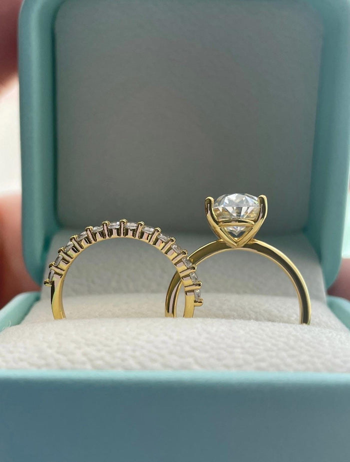 Yellow gold, Rose gold over sterling silver, sterling silver 925 bridal set with 3.5CT, 2.5CT oval cut solitaire and half eternity band