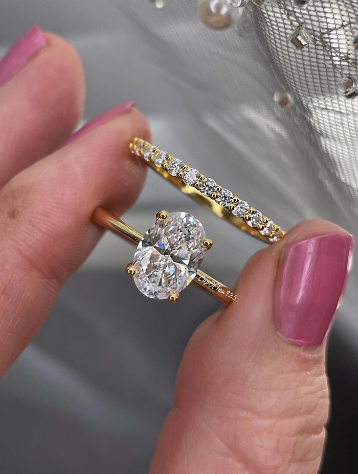 Yellow gold, Rose gold over sterling silver, sterling silver 925 bridal set with 3.5CT, 2.5CT oval cut solitaire and half eternity band