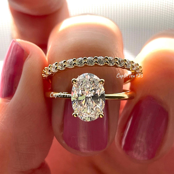 Yellow gold, Rose gold over sterling silver, sterling silver 925 bridal set with 3.5CT, 2.5CT oval cut solitaire and half eternity band
