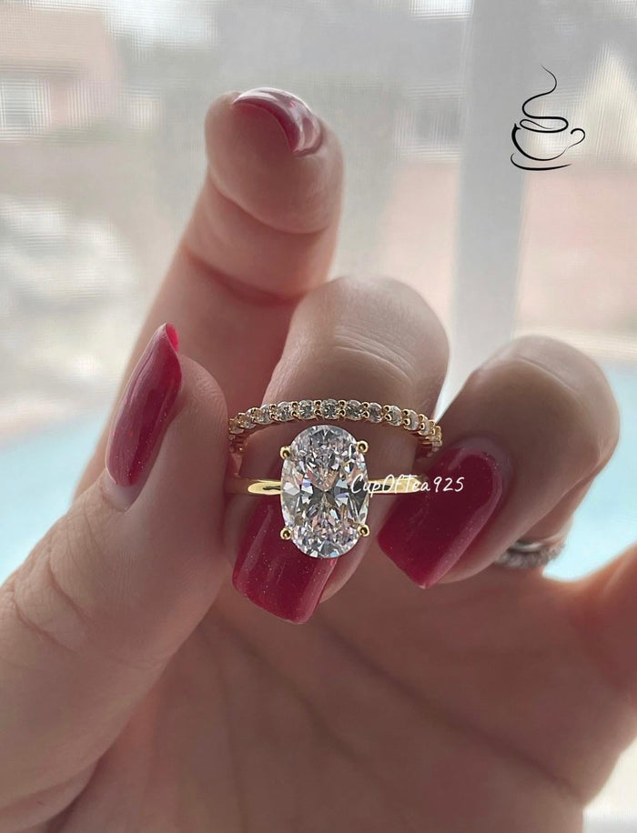 Yellow Gold , rose gold, white gold over Sterling Silver 925 bridal set with 3.5CT or 2.5CT oval cut Solitare ring and half eternity band
