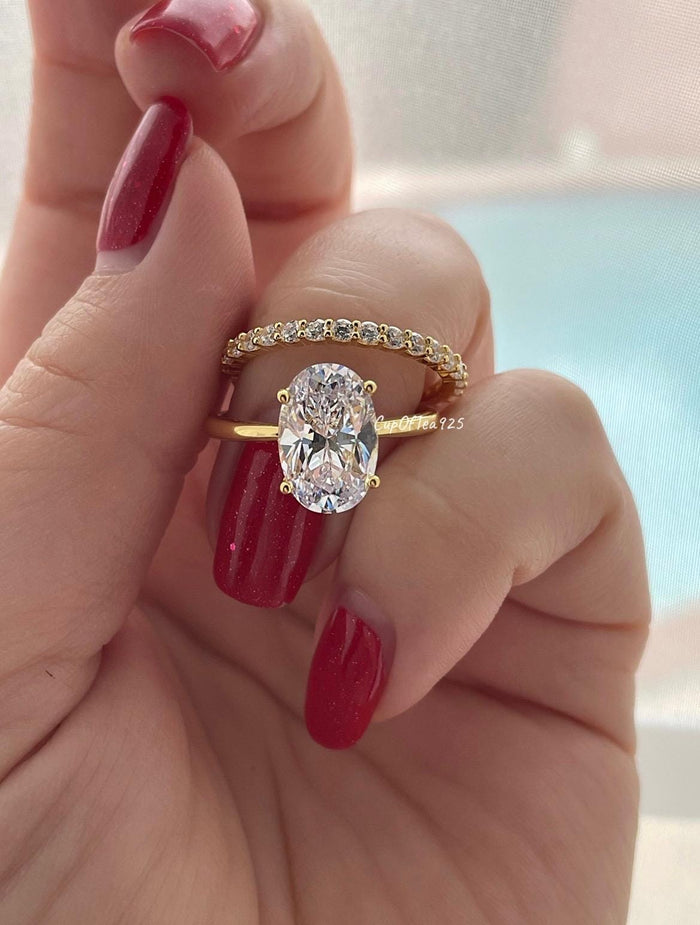 Yellow Gold , rose gold, white gold over Sterling Silver 925 bridal set with 3.5CT or 2.5CT oval cut Solitare ring and half eternity band
