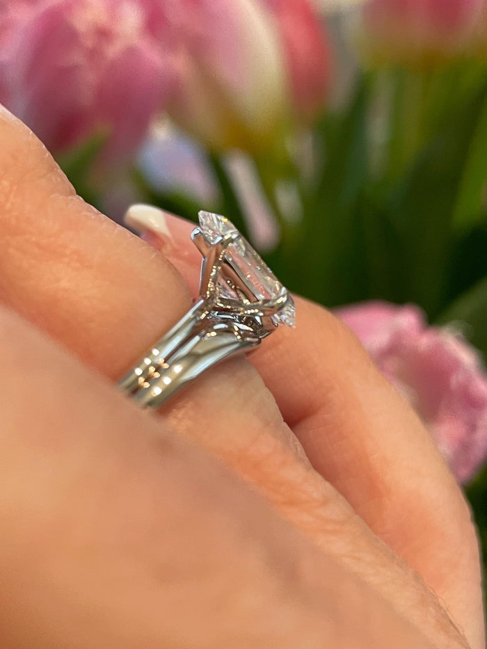 Yellow gold vermeil rose gold vermeil, sterling silver 925 bridal set with 2.25CT skinny oval cut CZ diamond & curved band, engagement ring