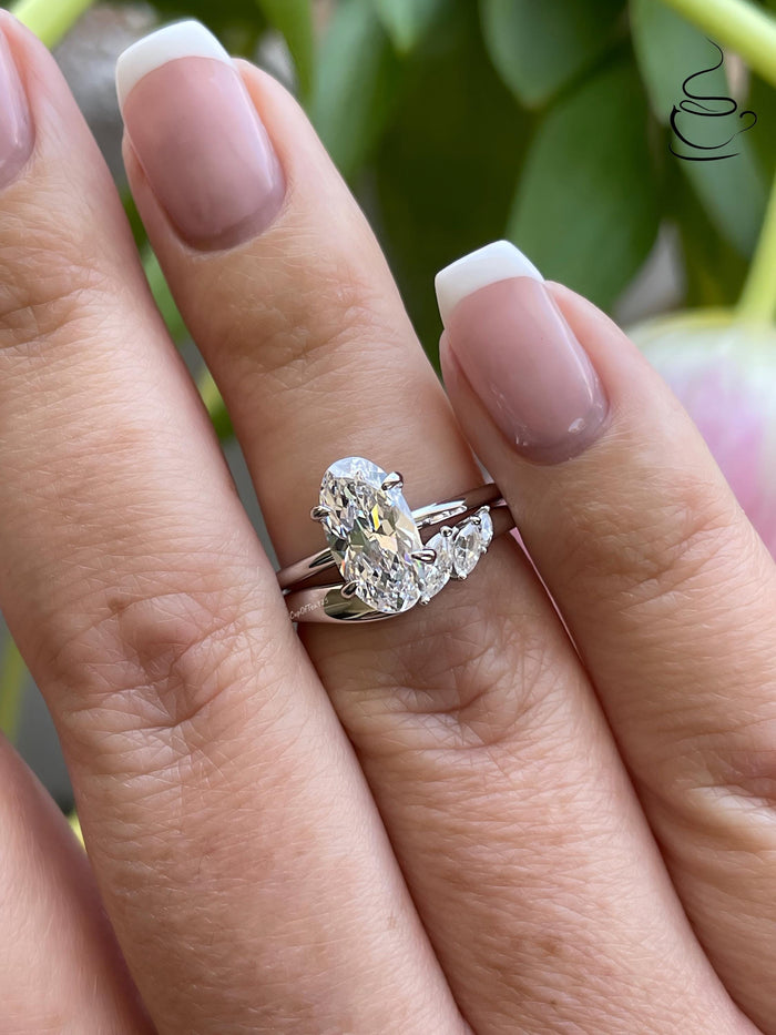 Yellow gold vermeil rose gold vermeil, sterling silver 925 bridal set with 2.25CT skinny oval cut CZ diamond & curved band, engagement ring