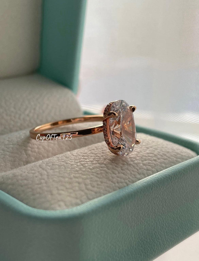 Yellow gold vermeil, rose gold vermeil,silver 925 engagement ring set with 2.5CT, 3.5CT oval cut with hidden halo & moissanite wedding band