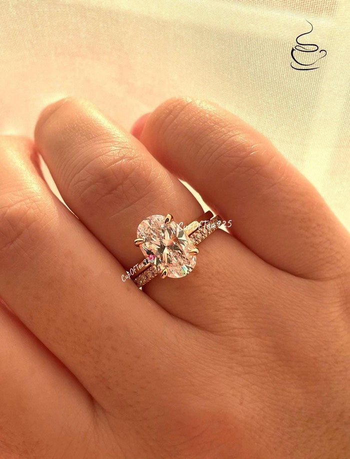 Yellow gold vermeil, rose gold vermeil,silver 925 engagement ring set with 2.5CT, 3.5CT oval cut with hidden halo & moissanite wedding band