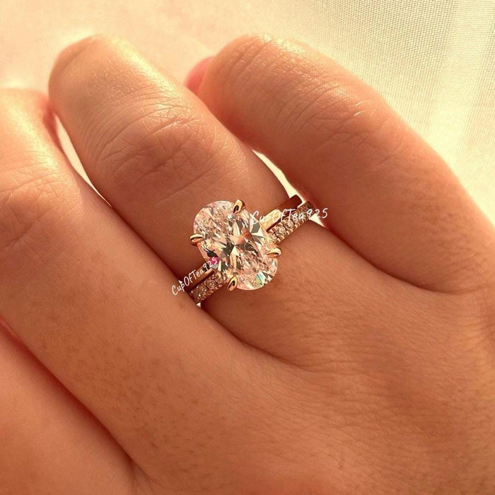 Yellow gold vermeil, rose gold vermeil,silver 925 engagement ring set with 2.5CT, 3.5CT oval cut with hidden halo & moissanite wedding band