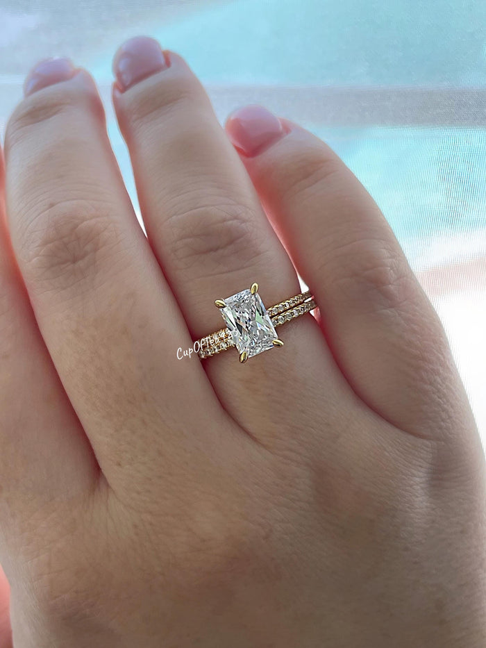Yellow Gold Vermeil, Sterling Silver 925 Bridal Set with 2.2CT Radiant Cut engagement ring with hidden halo and full eternity band