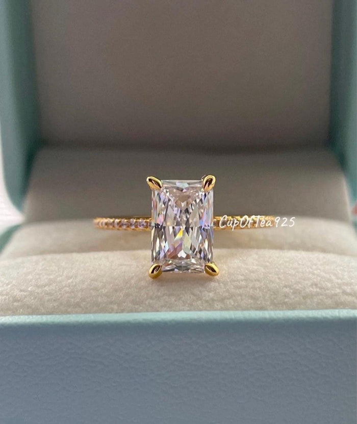 Yellow Gold Vermeil, Sterling Silver 925 Bridal Set with 2.2CT Radiant Cut engagement ring with hidden halo and full eternity band