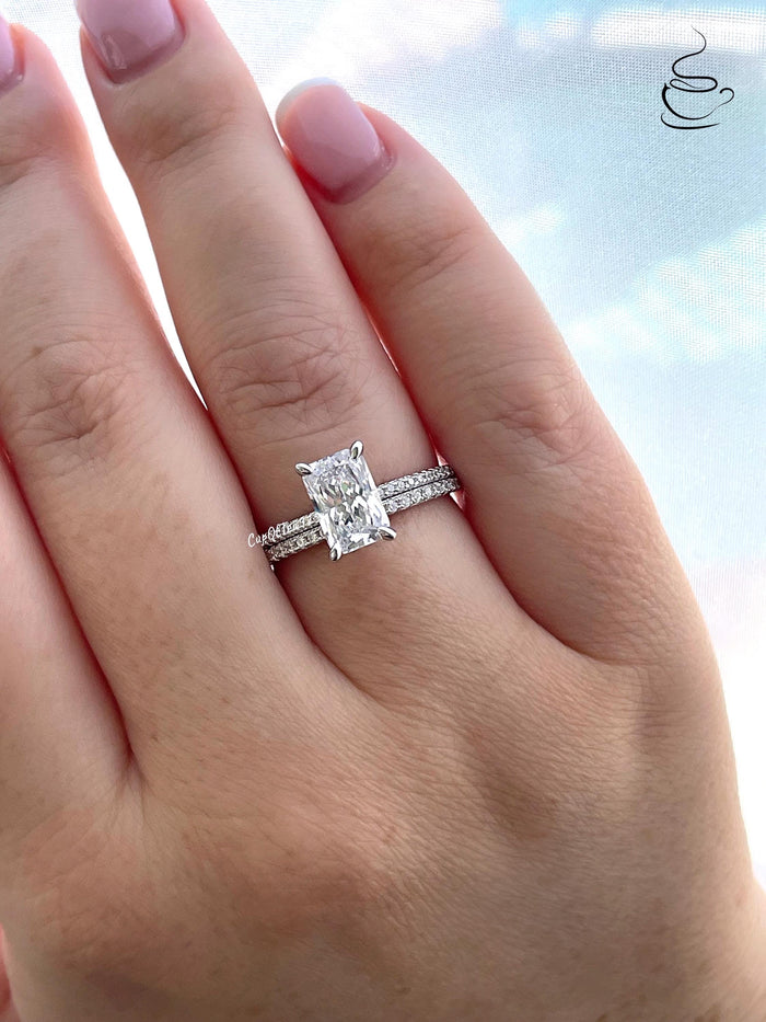 Yellow Gold Vermeil, Sterling Silver 925 Bridal Set with 2.2CT Radiant Cut engagement ring with hidden halo and full eternity band