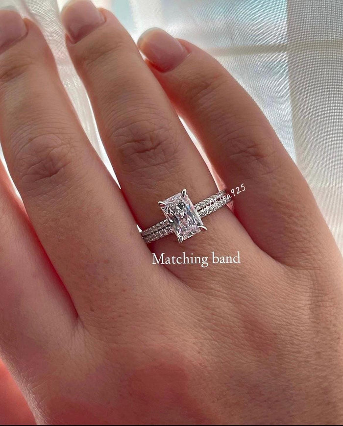 Yellow Gold Vermeil, Sterling Silver 925 Bridal Set with 2.2CT Radiant Cut engagement ring with hidden halo and full eternity band